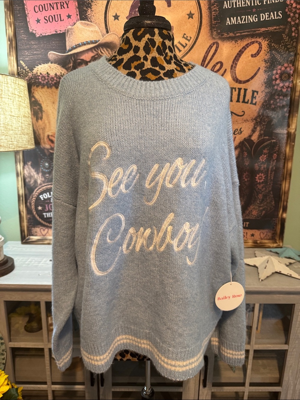 NWT Bailey Rose See You Cowboy Light Blue Women’s Sweater  Size S-Runs Large